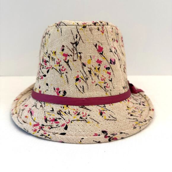 Studio thirtysix 100% Linen Women's Fedora Hat Beige w/ Floral Pattern Pink Bow - Picture 2 of 11